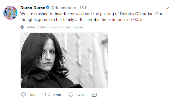 L'ultimo tweet di Dolores O'Riordan e le parole di Giuliano dei Negramaro