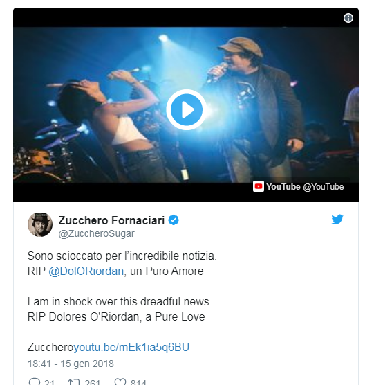 L'ultimo tweet di Dolores O'Riordan e le parole di Giuliano dei Negramaro