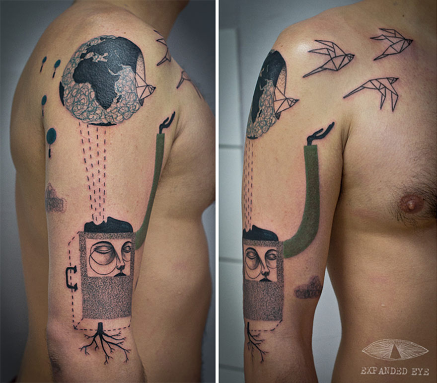 Tatuaggi Surreali Ispirati al Cubismo che Raccontano Storie Vere