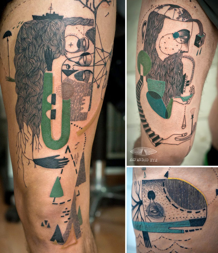 Tatuaggi Surreali Ispirati al Cubismo che Raccontano Storie Vere