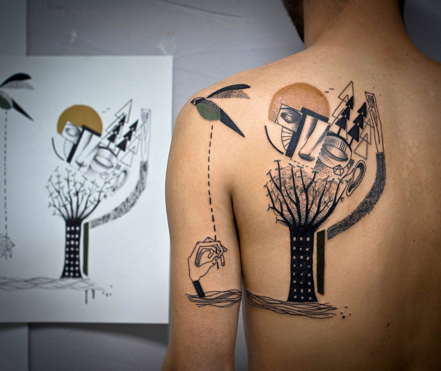 Tatuaggi Surreali Ispirati al Cubismo che Raccontano Storie Vere